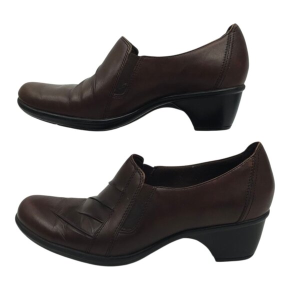 Clarks Partridge Block Heel Shoes Womens Size 9 Comfort Brown Leather Slip On - Picture 11 of 16